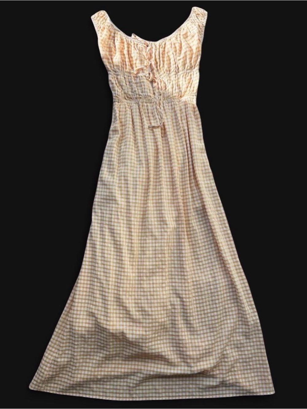 Gingham Cream & Tan Maxi Dress with Smocked Bodice